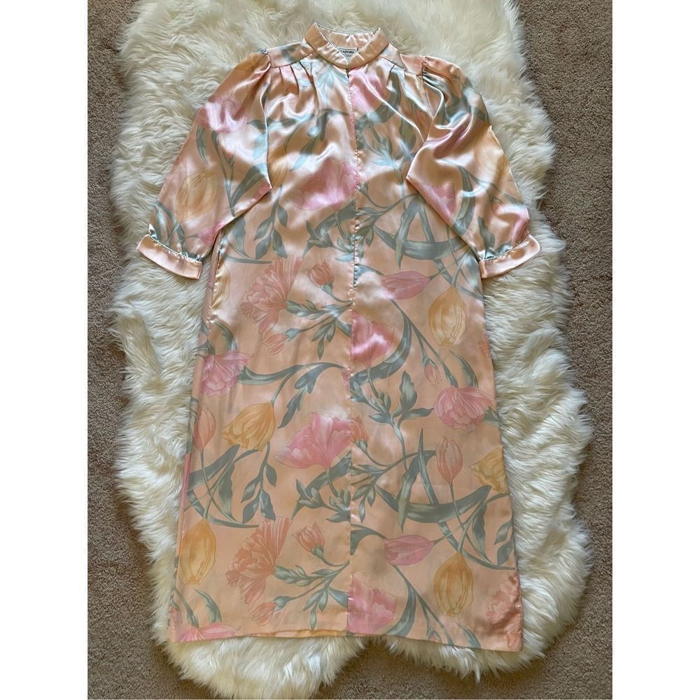 Vintage Neiman Marcus Natori Satin Floral Long Intimates Nightgown House Dress S - Picture 5 of 10